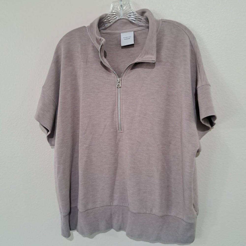 Varley‎ DoubleSoft Half Zip Short Sleeve Sweatshirt Taupe Mauve Womens XL